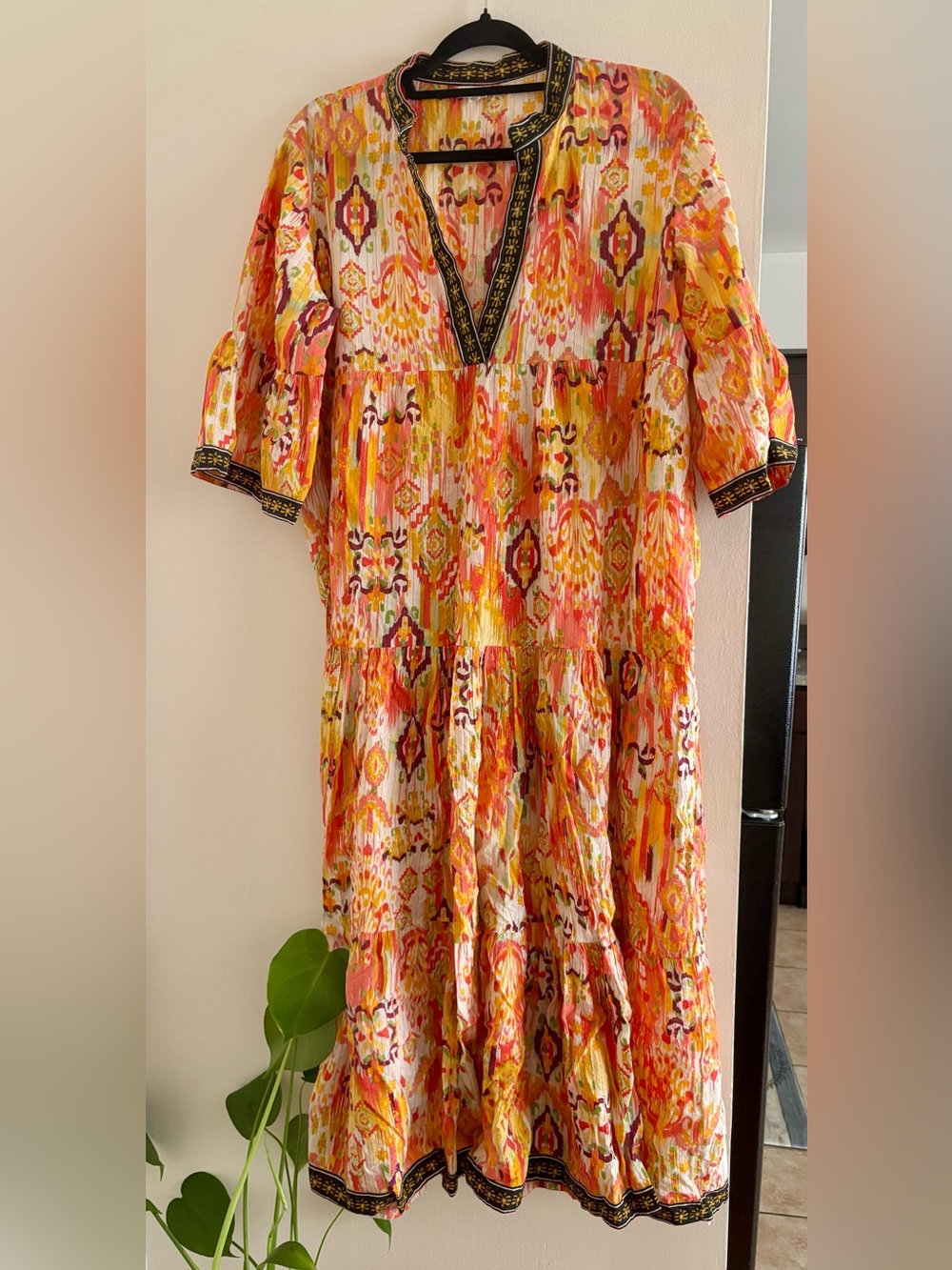 Vibrant Ikat Tiered Midi Dress - Yellow & Coral